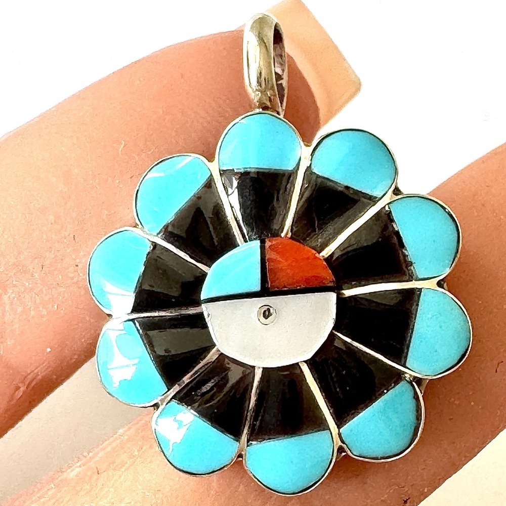 Flower Sunface Zuni‎ Pendant Turquoise Inlay Multi Stone Sterling Signed Vacil
